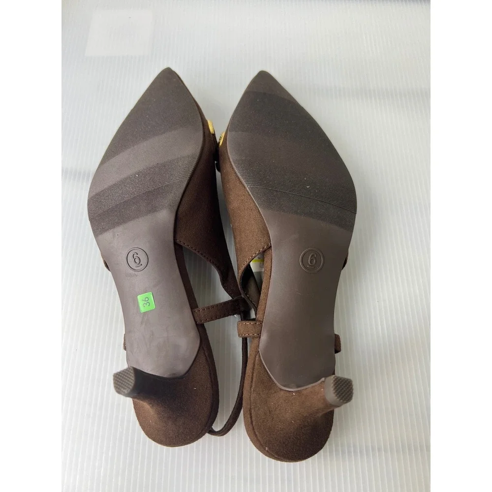 A New Day Brown Slingback Kitten Heels Gold Chain Link Pointed Toe Pumps Size 66